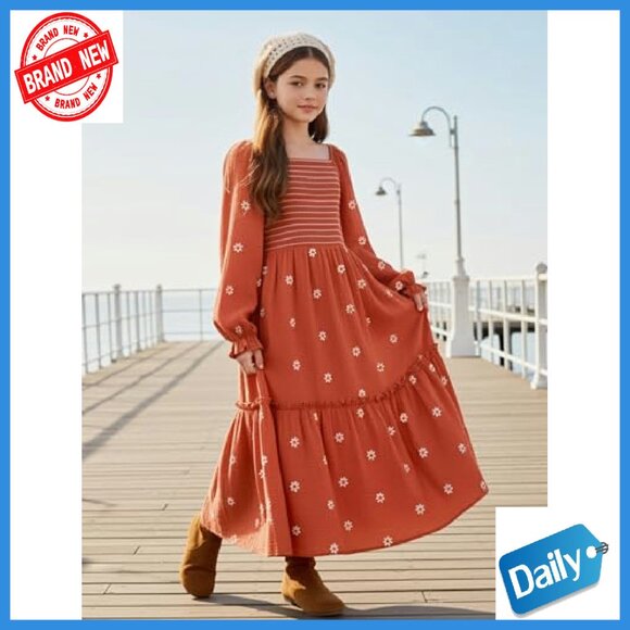 Girls Maxi Dress Boho Floral Long Sleeves Smocked Square Neck 5-14Y - Picture 5 of 7